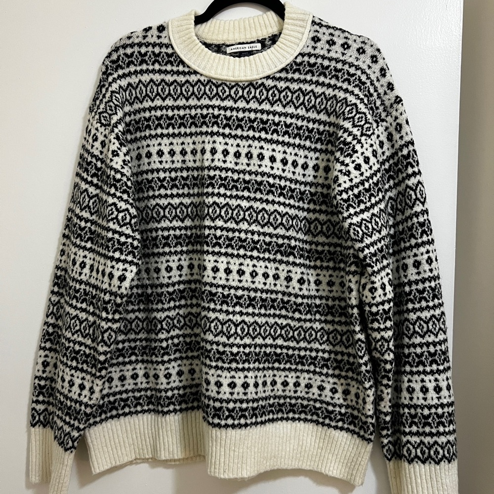 American Eagle Outfitters Black and White Fair Isle Crewneck Sweater